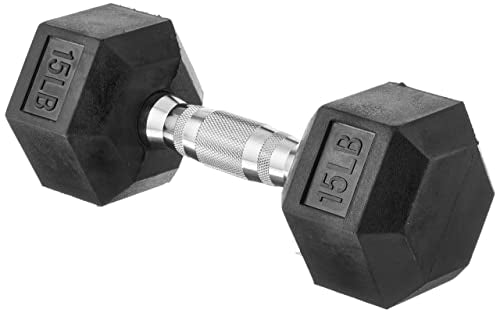 Amazon Basics Rubber Encased Exercise & Fitness Hex Dumbbell, Hand Weight for Strength Training, 15 Pounds, Black & Silver