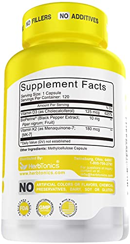 Immune System Support Vitamin K2 (MK7) with D3 5000 Iu Supplement with Bioperine (Black Pepper) 120 Vegetarian Capsules, Strong Bones and Heart Health -k2 d3 Complex- Tiny Easy to Swallow