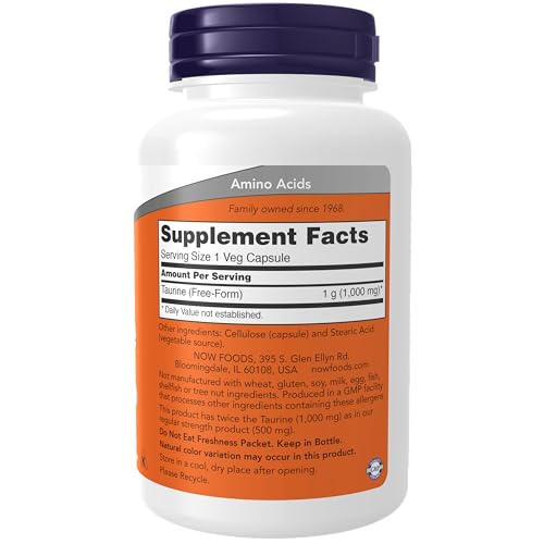 NOW Supplements, Taurine 1,000 mg, Double Strength, Nervous System Health*, 100 Veg Capsules