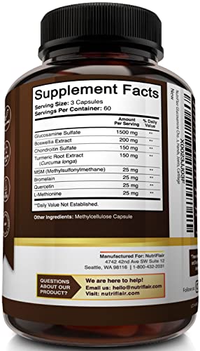 NutriFlair Glucosamine Chondroitin Turmeric MSM Boswellia - Supplement - Natural & Non-GMO - Antioxidant Pills - for Back, Knees, Hands, Joints, Cartilage