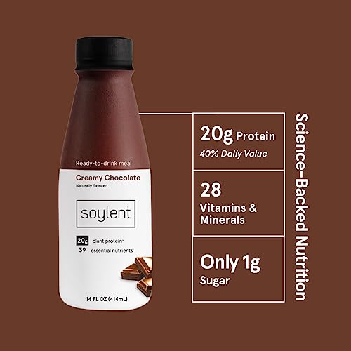 Soylent Complete Nutrition Gluten-Free Vegan Protein Meal Replacement Shake, Creamy Chocolate, 14 Fl Oz (Pack of 12)