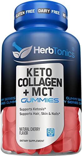Herbtonics Keto Gummies with MCT + Collagen | Sugar Free | Anti Aging, Hair Growth, Skin Care & Strong Nails Protein Collagen | On-The-Go Keto Gummy