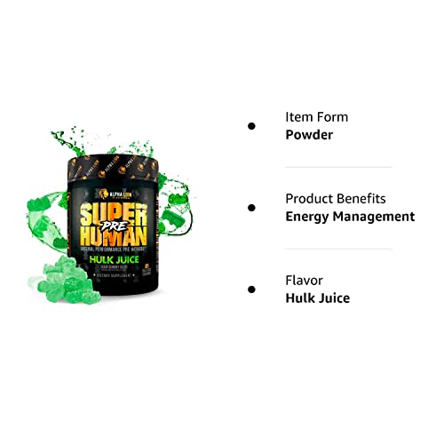 ALPHA LION Superhuman Pre Workout Powder, Beta Alanine, L-Taurine & Tri-Source Caffeine for Sustained Energy & Focus, Nitric Oxide & Citrulline for Pump (21 Servings, Hulk Juice)