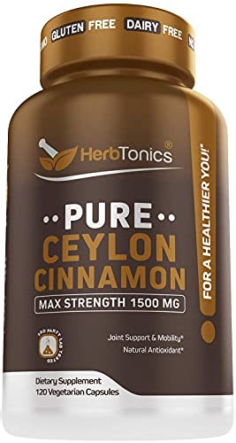 Herbtonics Pure Ceylon Cinnamon Capsules for Enhanced Well-Being - 1500mg per Serving of Ceylon Cinnamon Powder - 120 Vegetarian Capsules