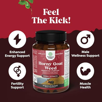 Horny Goat Weed for Male Enhancement - Extra Strength Horny Goat Weed for Men 1590mg Complex with Tongkat Ali Saw Palmetto Extract Panax Ginseng and Black Maca Root for Stamina & Energy - 30 Servings