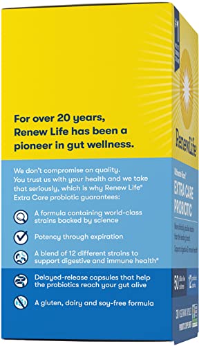 Renew Life Adult Probiotics, 50 Billion CFU Guaranteed, Probiotic Supplement for Digestive & Immune Health, Shelf Stable, Gluten Dairy & Soy Free, 30 Capsules