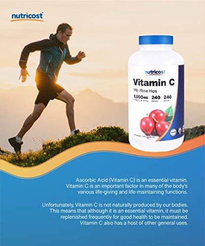 Nutricost Vitamin C with Rose Hips 1025mg, 240 Capsules - Vitamin C 1,000mg, Rose Hips 25mg, Premium, Non-GMO, Gluten Free Supplement