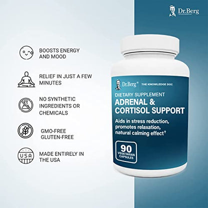 Dr. Berg’s Adrenal & Cortisol Support Supplement - Natural Stress Support for a Better Mood, Focus and Relaxation - Vegetarian Ingredients with Ashwagandha 90 Capsules (1 Pack)