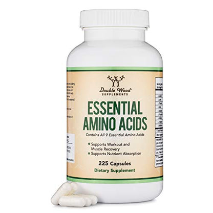 Essential Amino Acids - 1 Gram Per Serving Powder Blend of All 9 Essential Aminos (EAA) and all Branched-Chain Aminos (BCAAs) (Leucine, Isoleucine, Valine) 225 Capsules by Double Wood Supplements