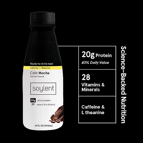 Soylent Cafe Mocha Meal Replacement Shake,  Ready-to-Drink Plant Based Protein Drink, Contains 20g Complete Vegan Protein and 1g Sugar, 14oz, 12 Pack