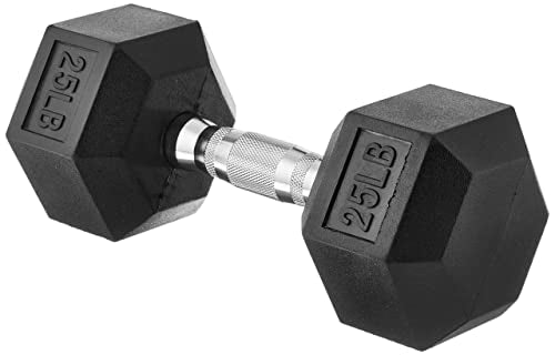 Amazon Basics Rubber Encased Exercise & Fitness Hex Dumbbell, Hand Weight For Strength Training, 25 Pounds, Black & Silver