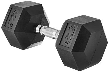 Amazon Basics Rubber Encased Exercise & Fitness Hex Dumbbell, Hand Weight for Strength Training, 40 Pounds, Black & Silver