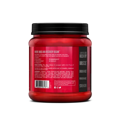 BSN CELLMASS 2.0 Post Workout Recovery with BCAA, Creatine, & Glutamine - Keto Friendly - Blue Raz, (25 Servings)