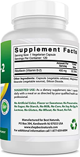 Best Naturals Vitamin B2 (Riboflavin) 400mg - Migraine Relief - Veggie Capsules - Conezyme Precursor - 120 Count (120 Count (Pack of 1))