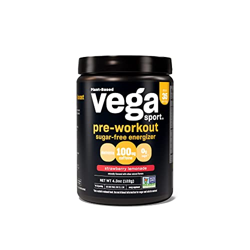 Vega Sport Sugar Free Pre-Workout Energizer, Strawberry Lemonade - Pre Workout Powder for Women & Men, Supports Energy and Focus, Electrolytes, Vegan, Keto, Gluten Free, Non GMO, 4.3 oz