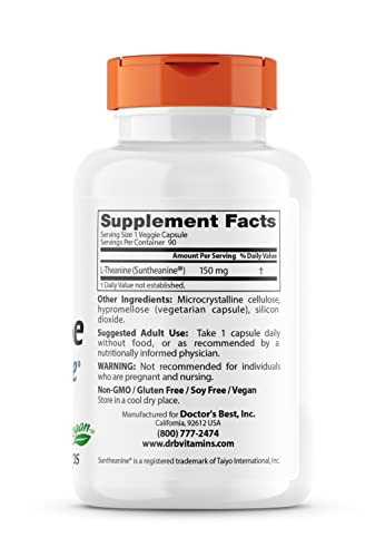 Doctor's Best L-Theanine Contains Suntheanine, Helps Reduce Stress & Sleep, Non-GMO, Gluten Free, Vegan, 150 mg (DRB-00197), 90 Count