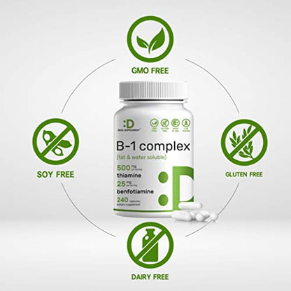 Vitamin B1 500mg with Benfotiamine, 240 Capsules – 2 in 1 Enhanced Formula – Fat & Water Soluble Thiamine B1 Supplement – Third Party Tested, Non-GMO, No Gluten