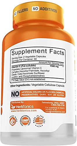 Liposomal Vitamin C Capsules 1500mg Immune Support Supplement | Immune System Health | High Absorption Vitamin C | Contains Collagen | 120 Vegan Capsules Non-GMO