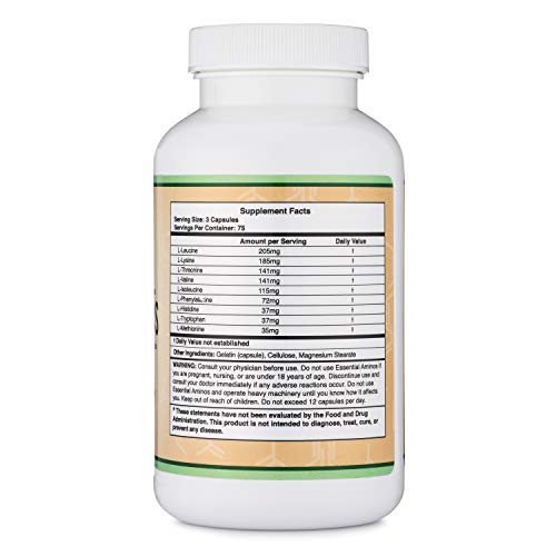 Essential Amino Acids - 1 Gram Per Serving Powder Blend of All 9 Essential Aminos (EAA) and all Branched-Chain Aminos (BCAAs) (Leucine, Isoleucine, Valine) 225 Capsules by Double Wood Supplements