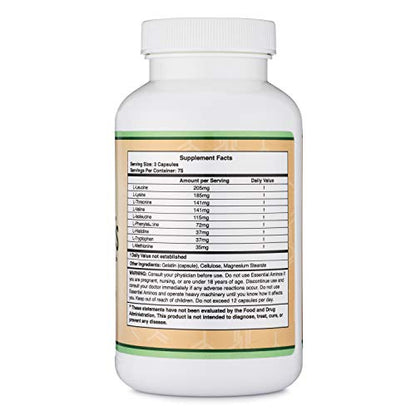 Essential Amino Acids - 1 Gram Per Serving Powder Blend of All 9 Essential Aminos (EAA) and all Branched-Chain Aminos (BCAAs) (Leucine, Isoleucine, Valine) 225 Capsules by Double Wood Supplements