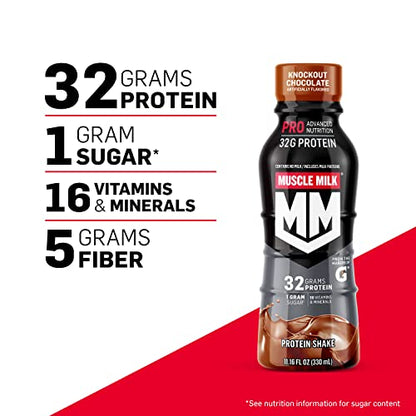 Muscle Milk Pro Advanced Nutrition Protein Shake, Knockout Chocolate, 11.16 Fl Oz (Pack of 12), 32g Protein, 1g Sugar, 16 Vitamins & Minerals, 5g Fiber, Workout Recovery, Energizing Snack, Packaging May Vary