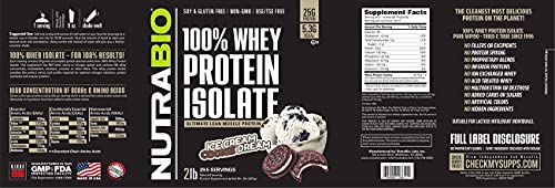 NutraBio 100% Whey Protein Isolate - Complete Amino Acid Profile - 25G of Protein Per Scoop - Soy and Gluten Free - Zero Fillers, Non-GMO, Protein Powder - Cookies and Cream, 2 Pounds