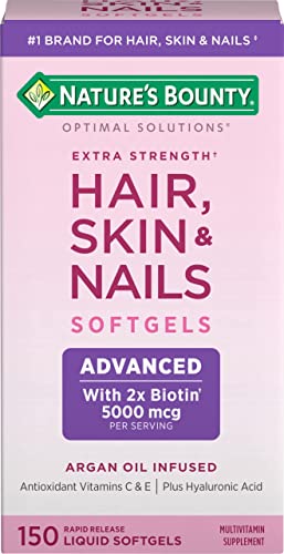 Nature's Bounty Hair, Skin & Nails Rapid Release Softgels, Argan-Infused Vitamin Supplement with Biotin and Hyaluronic Acid, Supports Hair, Skin, and Nail Health for Women, 150 Count