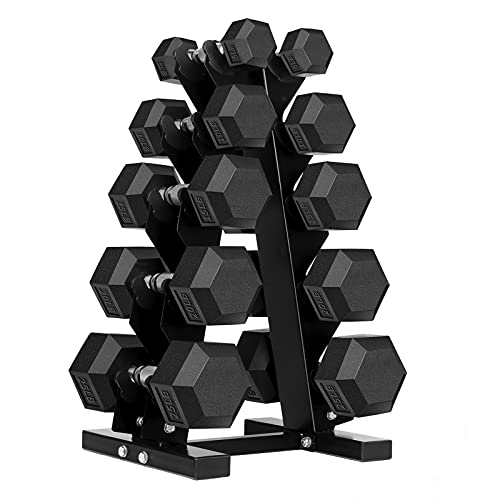 5-25LB Hex Dumbbell Set with Rack Rubber Coated Dumbbell Set with Rack 150 Pound Dumbbell Weight Set