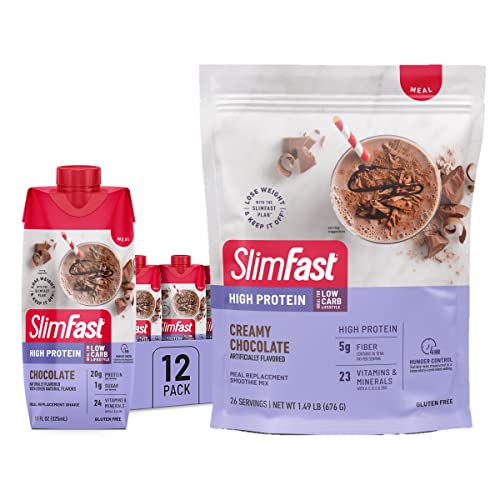 SlimFast High Protein Chocolate Bundle- 12 Count of Chocolate High Protein Meal Replacement Shakes (20g Protein) with 26 Servings of Chocolate High Protein Powder Mix (20g Protein)