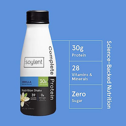 Soylent Vanilla Protein Shake, 30g Complete Protein, Vegan, Dairy Free and 0g Sugar, Ready to Drink Protein Drinks, 11 Oz (Pack of 12)