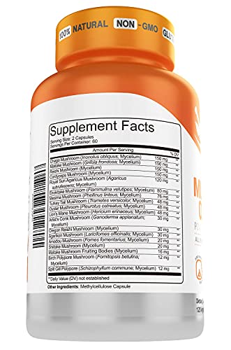 Herbtonics Mushroom Nootropic Supplement Complex for Immune System Support & Brain Function with Lion's Mane Pills, Cordyceps, Reishi – 120 Vegan Capsules Mushroom Capsules for Men and Women