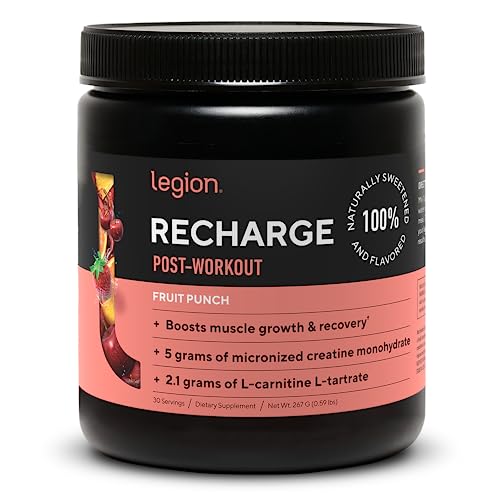 LEGION Recharge Post Workout Supplement - All Natural Muscle Builder & Recovery Drink with Micronized Creatine Monohydrate. Naturally Sweetened & Flavored, Safe & Healthy (Fruit Punch, 30 Serve)