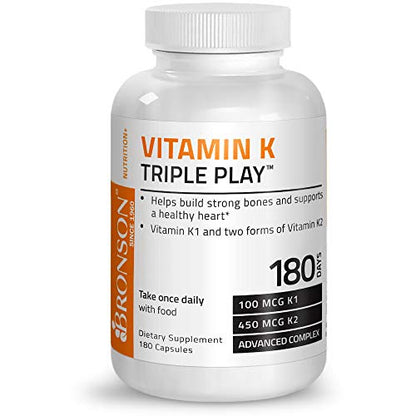 Bronson Vitamin K Triple Play (Vitamin K2 MK7 / Vitamin K2 MK4 / Vitamin K1) Full Spectrum Complex Vitamin K Supplement, 180 Capsules