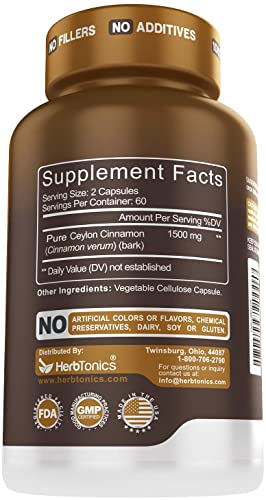 Herbtonics Pure Ceylon Cinnamon Capsules for Enhanced Well-Being - 1500mg per Serving of Ceylon Cinnamon Powder - 120 Vegetarian Capsules