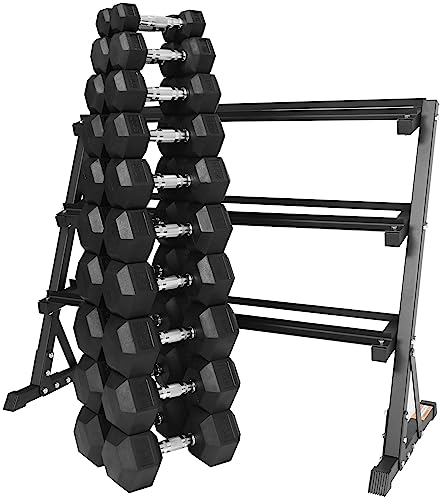 Signature Fitness 550LB Rubber Coated Hex Dumbbell Weight Set with 3-Tier Storage Rack, 5-50 lbs Pairs, One Package