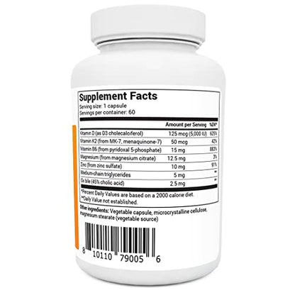 Dr. Berg D3 K2 Vitamin 5000 IU w/MCT Oil - Includes 50 mcg MK7 Vitamin K2, Purified Bile Salts, Zinc & Magnesium for Ultimate Absorption - Supplement - 60 Capsules