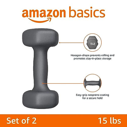 Amazon Basics Neoprene Coated Hexagon Workout Dumbbell Hand Weight, 30 Pounds, 15 Pound (Set of 2), Dark Grey