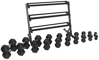 Signature Fitness 550LB Rubber Coated Hex Dumbbell Weight Set with 3-Tier Storage Rack, 5-50 lbs Pairs, One Package