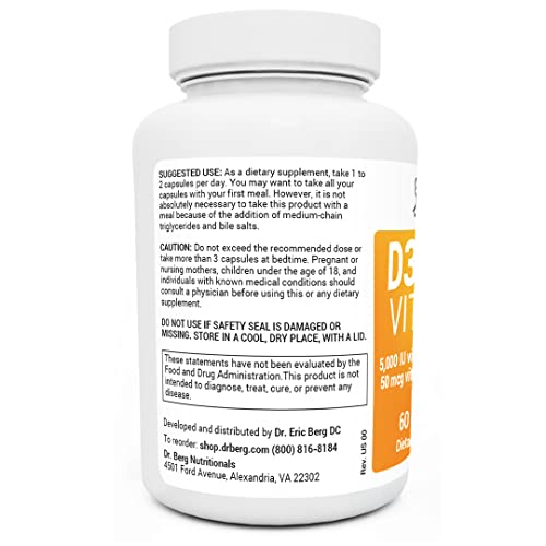 Dr. Berg D3 K2 Vitamin 5000 IU w/MCT Oil - Includes 50 mcg MK7 Vitamin K2, Purified Bile Salts, Zinc & Magnesium for Ultimate Absorption - Supplement - 60 Capsules