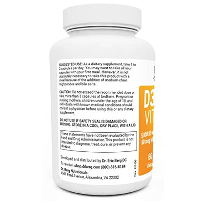 Dr. Berg D3 K2 Vitamin 5000 IU w/MCT Oil - Includes 50 mcg MK7 Vitamin K2, Purified Bile Salts, Zinc & Magnesium for Ultimate Absorption - Supplement - 60 Capsules