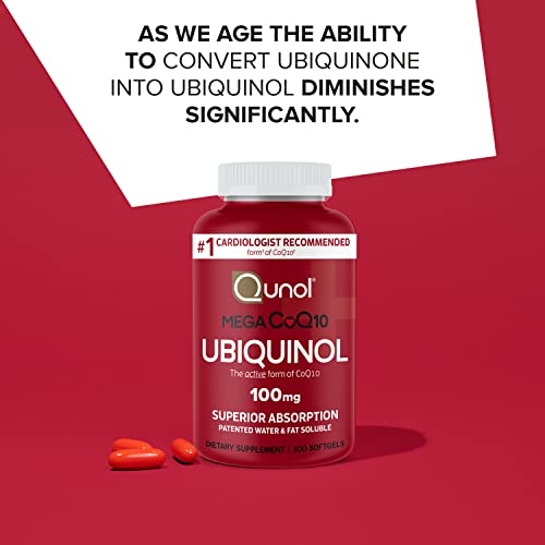 Ubiquinol CoQ10 100mg Softgels, Qunol Mega Ubiquinol 100mg - Superior Absorption - Active Form of Coenzyme Q10 for Heart Health & Healthy Blood Pressure Levels - 100 Count