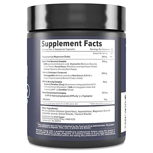 InnoSupps Night Shred - Night Time Fat Burner | Appetite Suppressant and Weight Loss Support| Ashwagandha Root, Grains of Paradise, Melatonin (60 Vegetarian Capsules) |