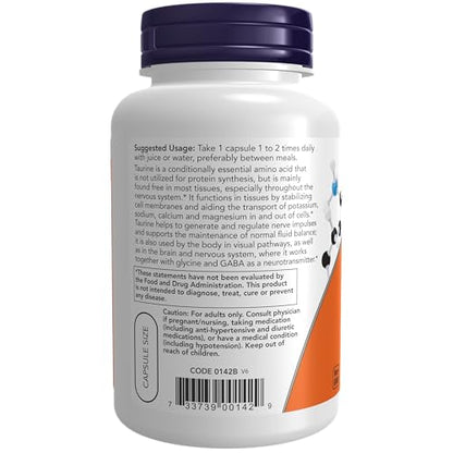 NOW Supplements, Taurine 1,000 mg, Double Strength, Nervous System Health*, 100 Veg Capsules