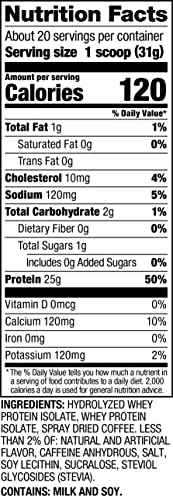 Dymatize ISO100 Hydrolyzed 100% Whey Isolate Protein Powder in Dunkin' Cappuccino Flavor, 25g Protein, 95mg Caffeine, 5.5g BCAAs, Gluten Free, Fast Absorbing, Easy Digesting, 21.5 Oz