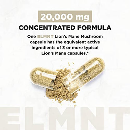 ELMNT 20,000mg 16x Strength Lions Mane Super Nootropic + Adaptogens Brain Supplement - Highest Potency Lion's Mane Extract 50% Polysaccharides w. Ashwagandha & Rhodiola for Focus, Energy, Memory