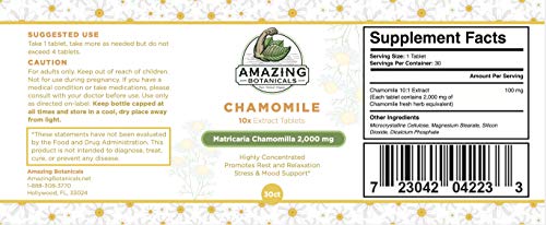 Amazing Botanicals Organic Chamomile Extract Tablets - Matricaria Chamomilla Plant-Based Supplement - 10x Extract 2000 MG Each - Relief Stress, Promotes Relaxation, 30 Tablets