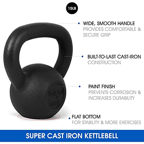 Yes4All Solid Cast Iron Kettlebell Weights Set – Great for Full Body Workout and Strength Training – Kettlebell 15 lbs (Black)