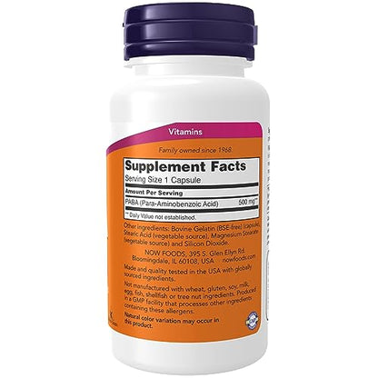 NOW Supplements, PABA (Para-Aminobenzoic Acid) 500 mg, B-Complex Family, 100 Capsules