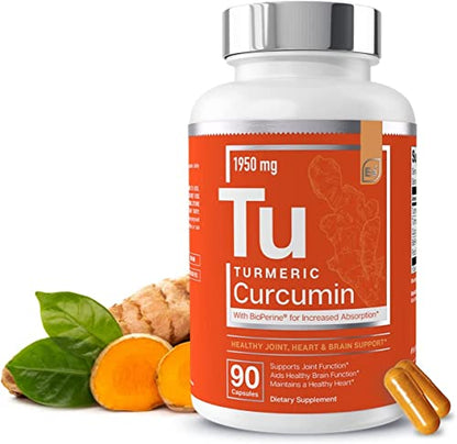 Essential Elements Turmeric Curcumin - Joint, Heart & Brain Support - with Bioperine for Increased Absorption 1950 mg - 90 Capsules