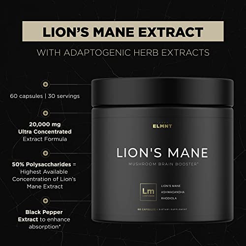 ELMNT 20,000mg 16x Strength Lions Mane Super Nootropic + Adaptogens Brain Supplement - Highest Potency Lion's Mane Extract 50% Polysaccharides w. Ashwagandha & Rhodiola for Focus, Energy, Memory